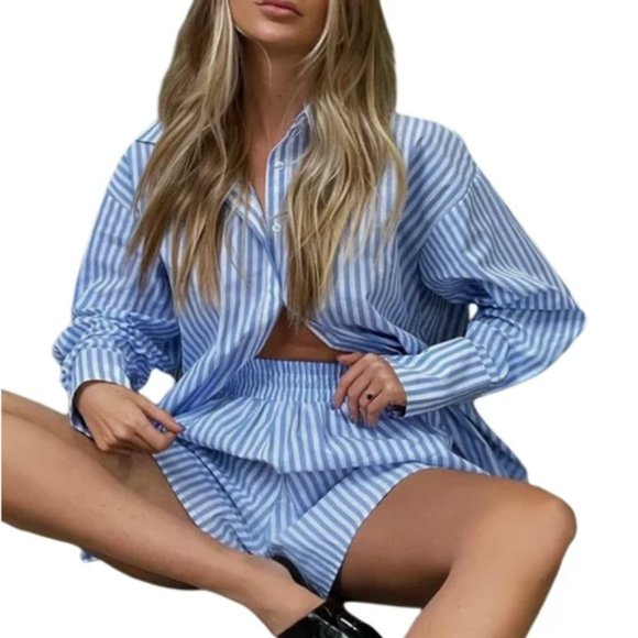Blue Striped 2-Piece Long Sleeve Shorts Set - Size Small - NWT - Picture 3 of 6